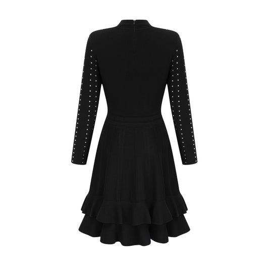 Fabienne Black Embellished Ruffled Knit Mini Dress