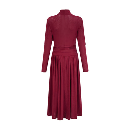 Camille Red Ruched Midi Dress with Flap Design Detail