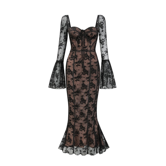 Marlene Black Flared Lace Maxi Dress