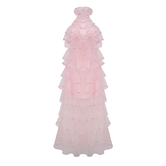 Nonchalante Pink Tiered Halterneck Maxi Dress