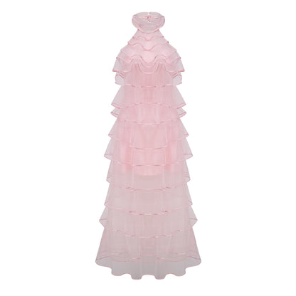 Nonchalante Pink Tiered Halterneck Maxi Dress