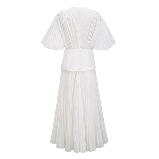 Vienne White Lace-Up Pleated Maxi Dress