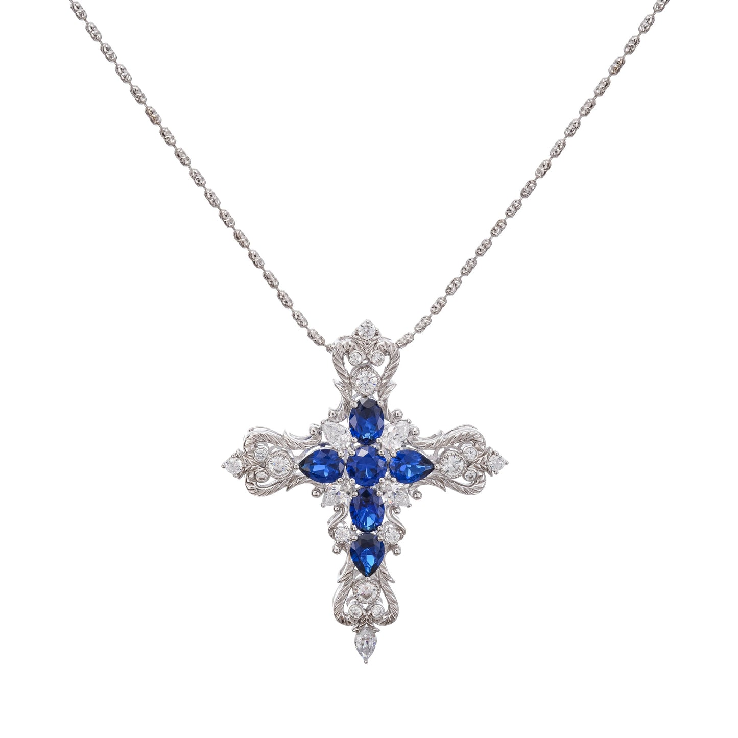 Tuulikki Blue Cross Shaped Pear Cut Gemstone Pendant Sterling Silver Necklace