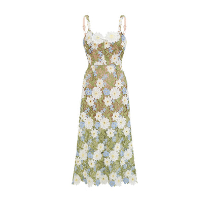 Carla floral embroidered hollow-carved midi dress