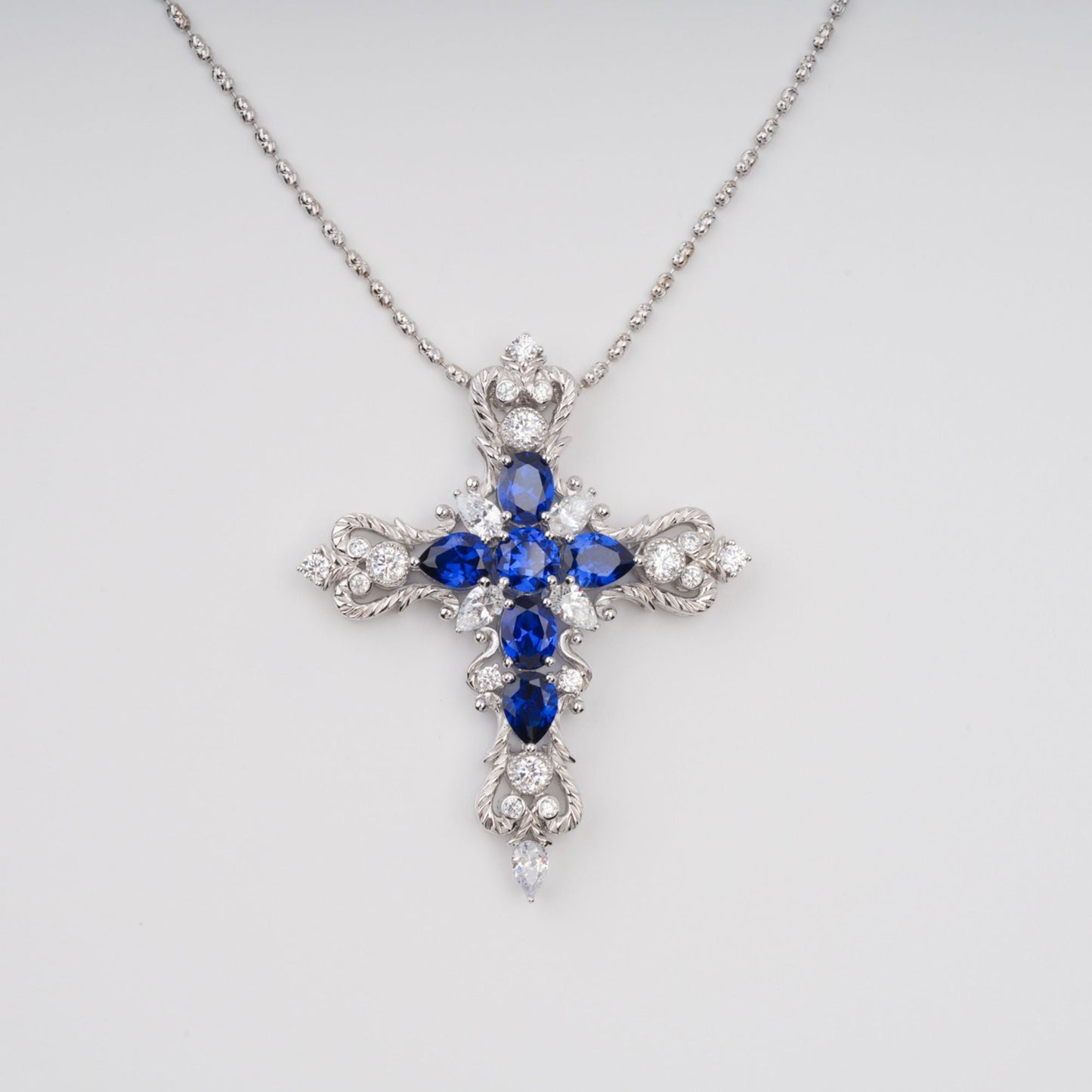 Tuulikki Blue Cross Shaped Pear Cut Gemstone Pendant Sterling Silver Necklace