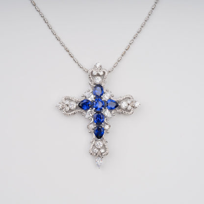 Tuulikki Blue Cross Shaped Pear Cut Gemstone Pendant Sterling Silver Necklace