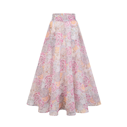 Cherry pink pattern-print shirt & skirt matching set