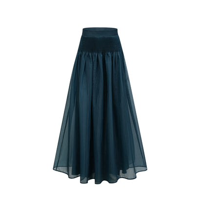 Zoé dark-green ribbon tie-neck shirt & skirt matching set