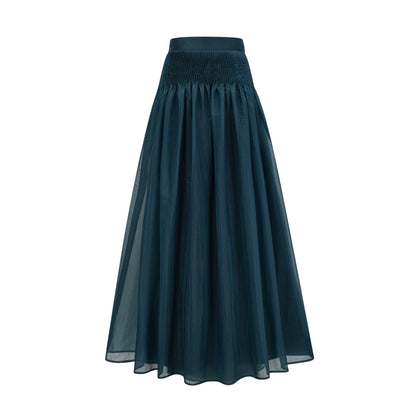 Zoé dark-green ribbon tie-neck shirt & skirt matching set
