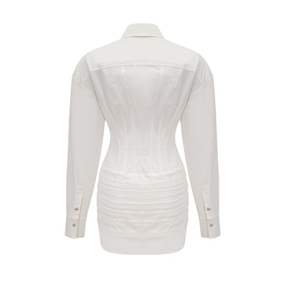 Orlane white cinched-waist pleated mini shirt dress