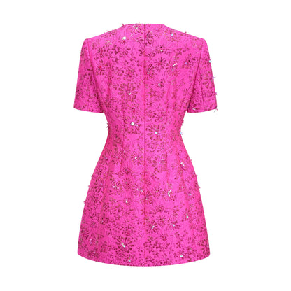 Celestia Floral-Appliqué Embellished Mini Dress in Pink