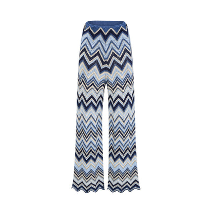 Irina blue zigzag-woven pointelle-knit top & trousers matching set