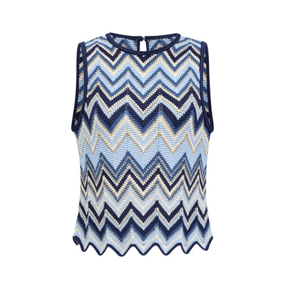 Irina blue zigzag-woven pointelle-knit top & trousers matching set
