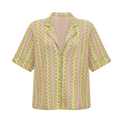 Ophélie green color-block knitted shirt & trousers matching set
