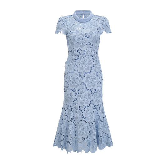Aurore Blue Floral Appliqué Lace Midi Dress