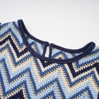 Irina blue zigzag-woven pointelle-knit top & trousers matching set