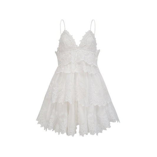 Valeria white guipure-lace tiered mini dress