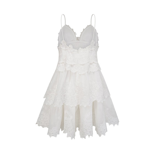 Valeria white guipure-lace tiered mini dress