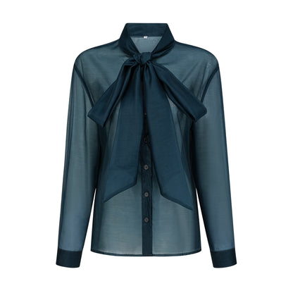 Zoé dark-green ribbon tie-neck shirt & skirt matching set