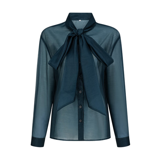 Zoé dark-green ribbon tie-neck shirt & skirt matching set