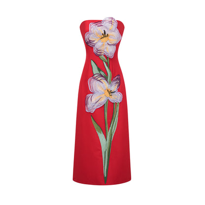 Irène Sequin Embroidered Off-Shoulder Midi Dress in Red