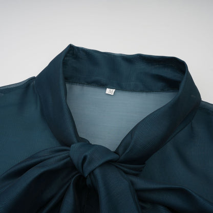 Zoé dark-green ribbon tie-neck shirt & skirt matching set