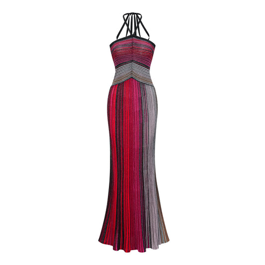 Ulysse Red Metallic Knit Halterneck Maxi Dress