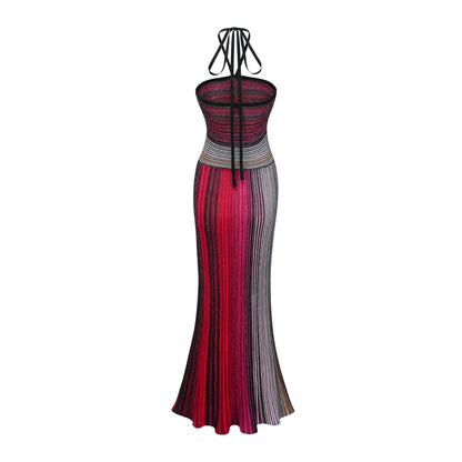 Ulysse Red Metallic Knit Halterneck Maxi Dress