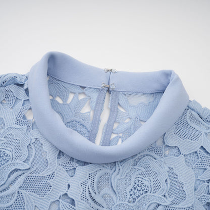 Aurore Blue Floral Appliqué Lace Midi Dress