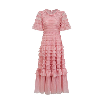 Aimée pink dot-detail ruffled tulle midi dress