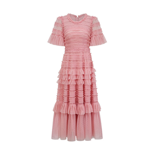 Aimée pink dot-detail ruffled tulle midi dress