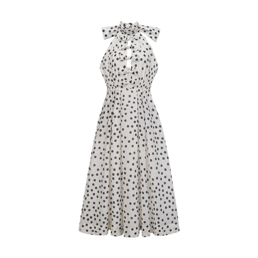 Audrey white bowknot polka-dot midi dress