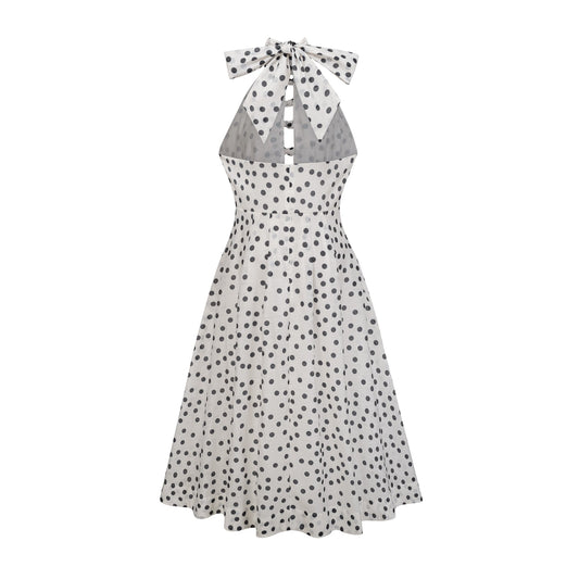 Audrey white bowknot polka-dot midi dress