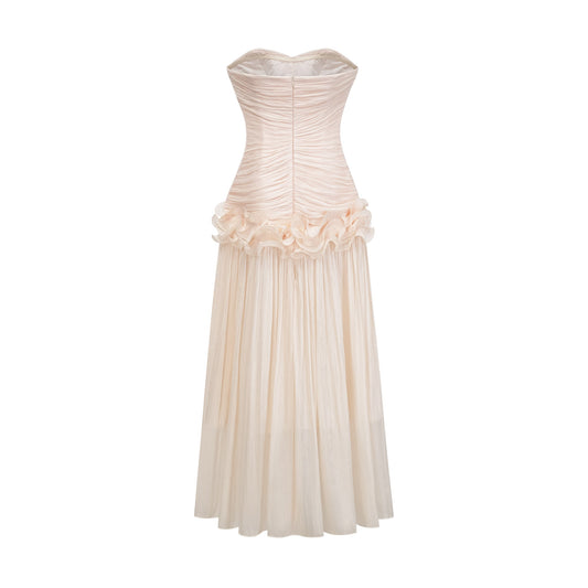 Céleste neutrals ruffled pleated maxi dress