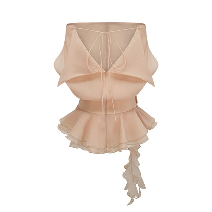 Amélie floral-appliqué flounced mini dress in Neutrals