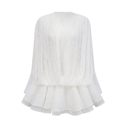 Isoline white semi-sheer lace top & shorts & dress matching set