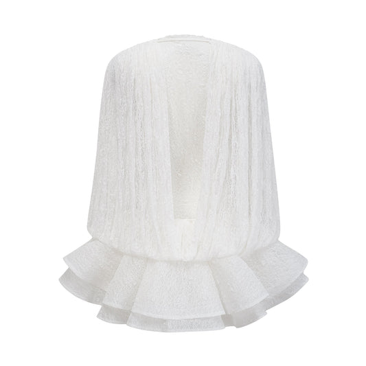 Isoline white semi-sheer lace top & shorts & dress matching set