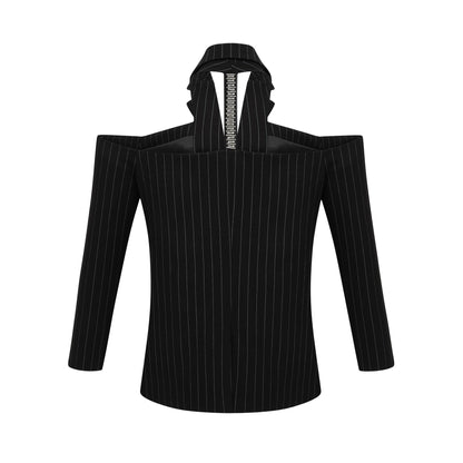 Stefania black striped open-back blazer