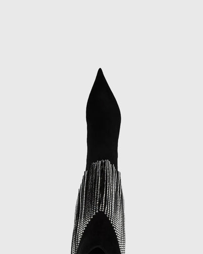 Edetta Rhinestone Fringe Velvet  Mid Calf Boots