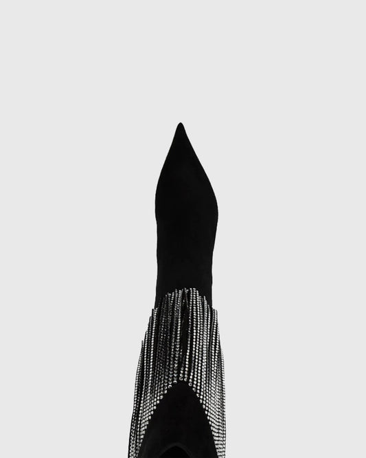 Edetta Rhinestone Fringe Velvet  Mid Calf Boots