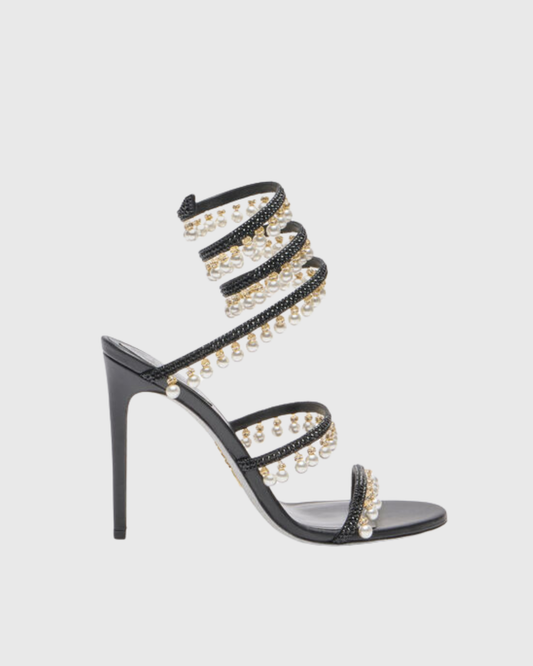 Elisa Pearl Fringe Snake Sandals In Black