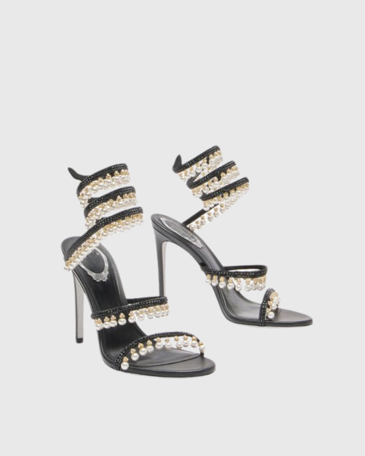 Elisa Pearl Fringe Snake Sandals In Black
