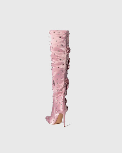 Erika Rhinestone Flower Knee High Boots
