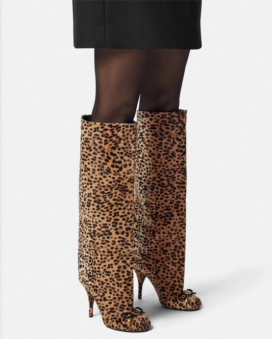 Eva Leopard Print Bow Knee High Boots In Brown