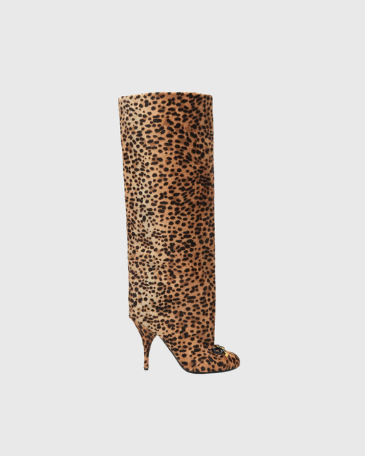Eva Leopard Print Bow Knee High Boots In Brown