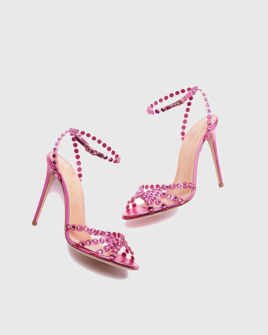 Cameo Rhinestone Embellished PVC Strap Sandals In Hot Pink