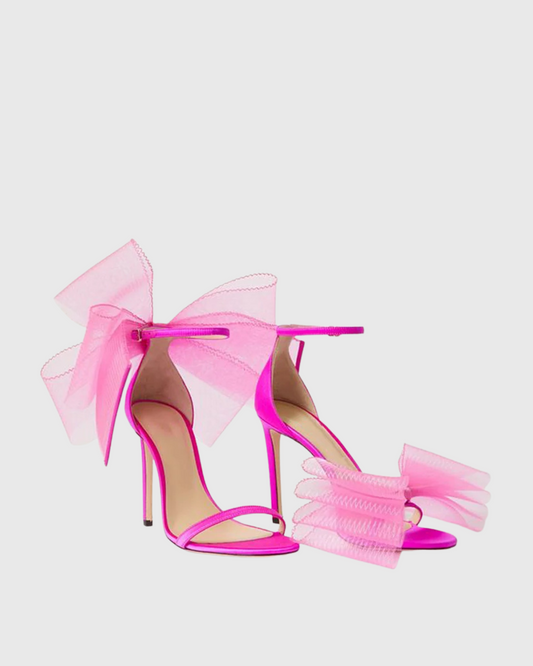 Fabrizia Mesh Bow Satin Sandals  In Hot Pink