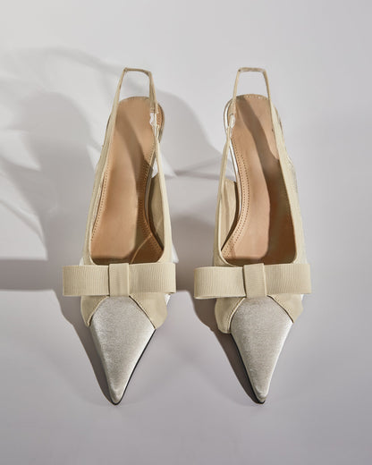 Fay Bow Satin Slingback Pumps In Natural