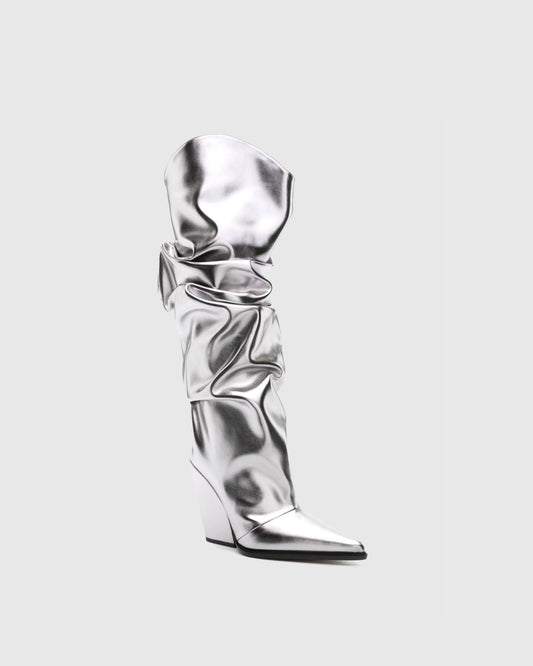 Gaia Ruched Metallic Knee High Boots In Silver