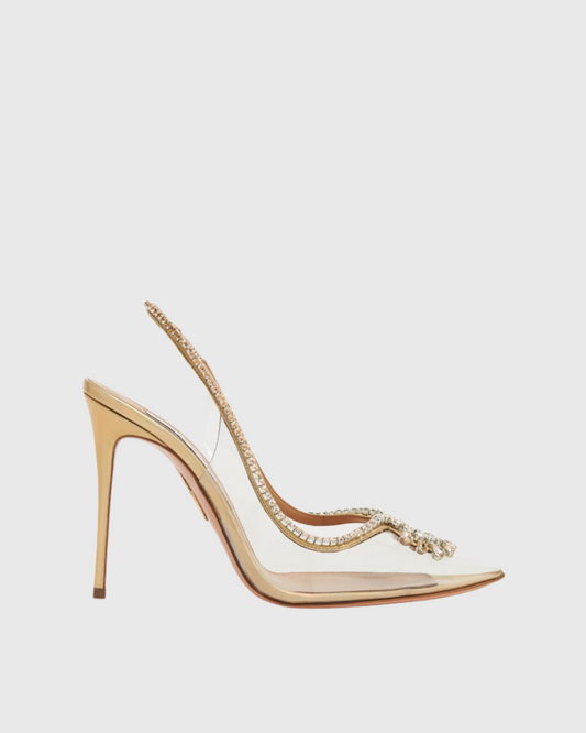 Italia Rhinestone Woven PVC Slingback Pumps In Gold